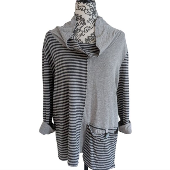 Neon Buddha Tunic Top Cowl Neck Grey Stripes Assymetric Cotton Women's Medium - Picture 2 of 13